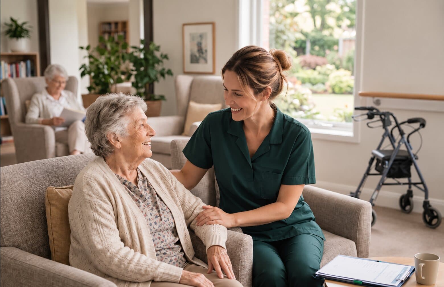 A care worker in green scrubs smiling with an older woman in a residential aged care lounge